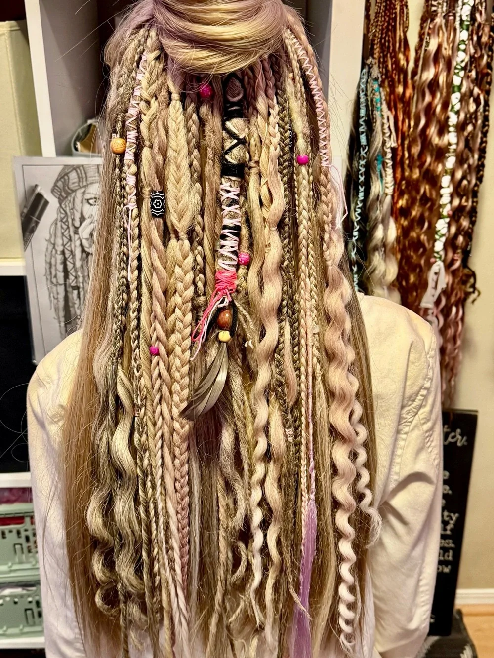 Natural Blonde Boho Braided Hair Extensions with Pink Accents